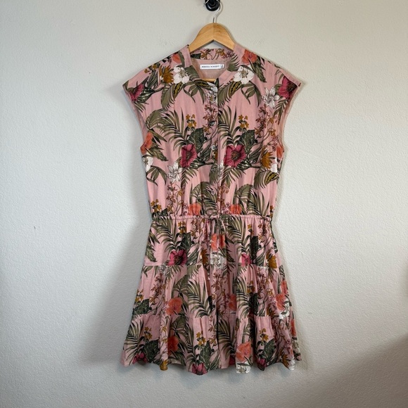 Rebecca Minkoff Pink Floral Short Sleeve Ollie Tropical Rose Dress Stretch Waist - Picture 2 of 10